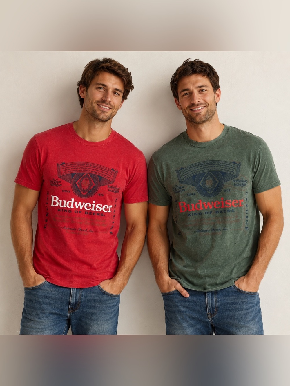 TWO TEES! Budweiser red, Budweiser, green, Sz sm, NWOT Brue city
